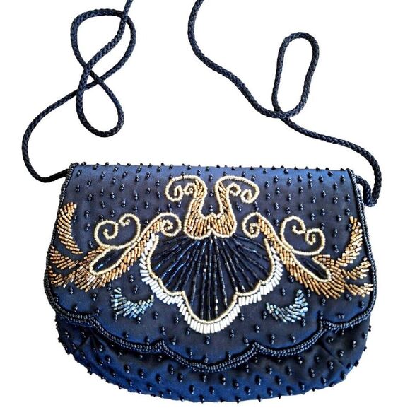 Carolyne Barton Beaded Evening Bag Cocktail Party Purse Artsy Black Gold Silver - Picture 1 of 7